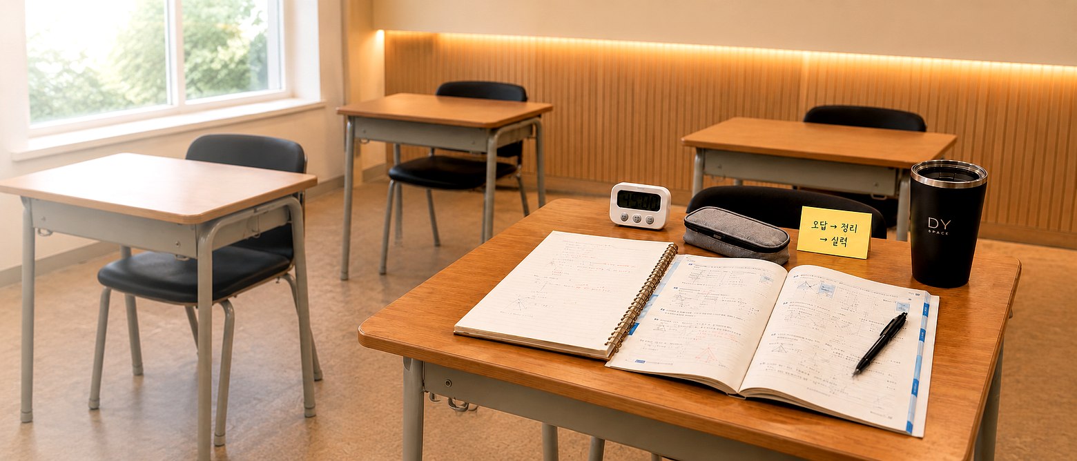 조용한 학습 공간 — 오답노트와 문제집, 타이머, DY SPACE 텀블러가 놓인 책상